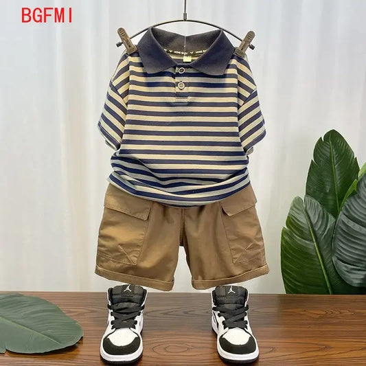 Korean Children's Clothes 2025 Summer Kids Clothes Boys Outfits Baby Thin Short Sleeves Stripe Polo Shirt +Shorts Two Pieces Set