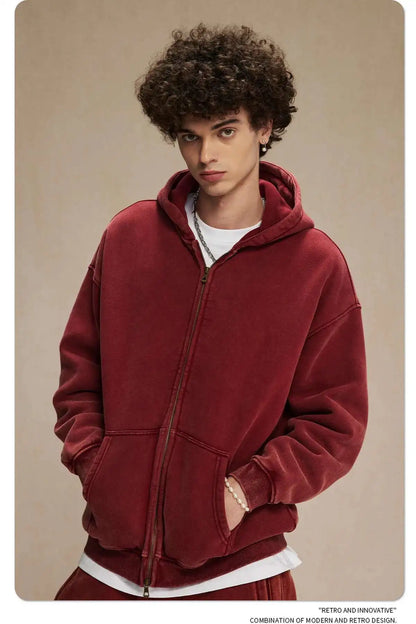 IEFB Men's Wear Wax Printing Vintage Male Hoodies Oversized Loose Zipper Water Washed Plush Sweatshirt Trendy New 9C9349