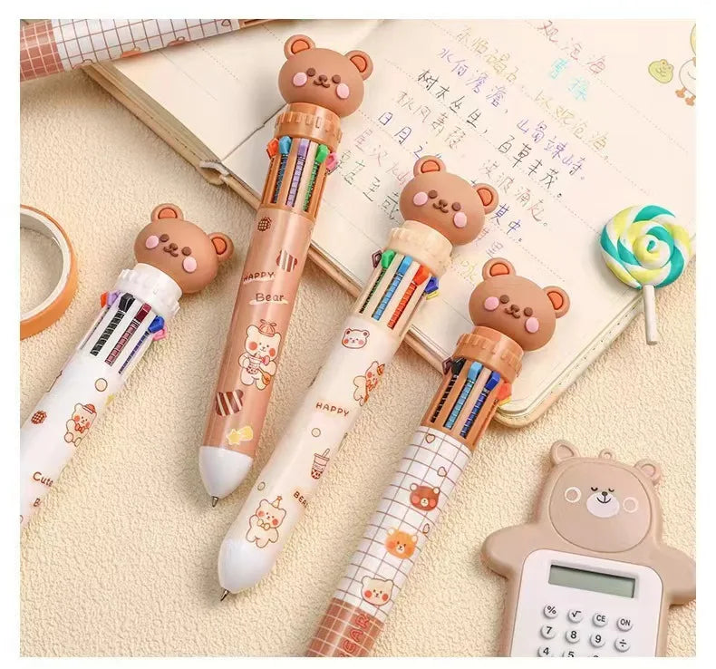 1Pcs 10 Color Cute Bear Pen Cartoon Ballpoint Pen Student Stationery Multi Color Hand Account Pen Learning and Office Supplies