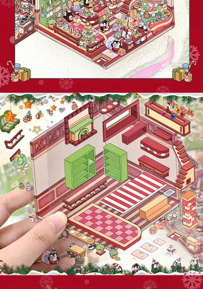 Christmas Theme DIY 3D Sticker Cartoon Pocket Cabin Scene Stacking and Pasting Festival Birthday Gift for Kid Child Student
