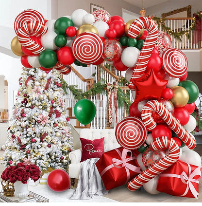 137PCS Christmas Balloon Set Candy Cane Aluminum Film Balloon Red Green White Christmas New Year Balloon Chain Arch Wreath Set