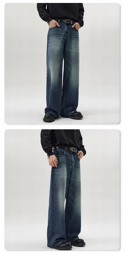 Vintage Distressed Men's Baggy Straight Jeans Spring Autumn Korean High Street Moustache Effect Denim Pants Streetwear Trousers