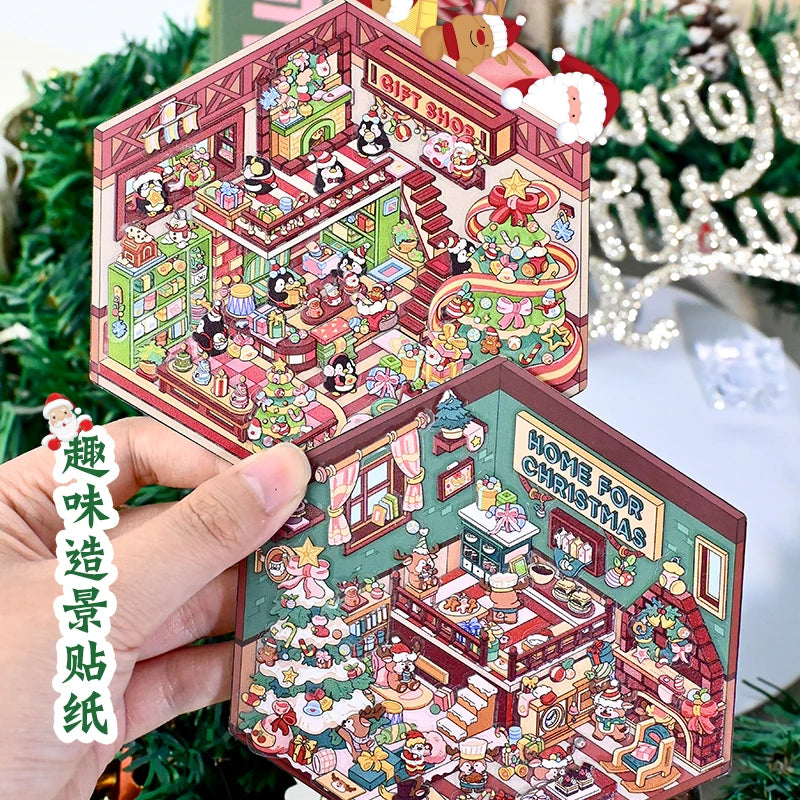 Christmas Theme DIY 3D Sticker Cartoon Pocket Cabin Scene Stacking and Pasting Festival Birthday Gift for Kid Child Student