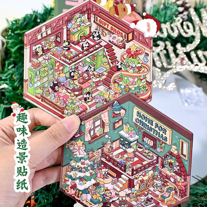 Christmas Theme DIY 3D Sticker Cartoon Pocket Cabin Scene Stacking and Pasting Festival Birthday Gift for Kid Child Student