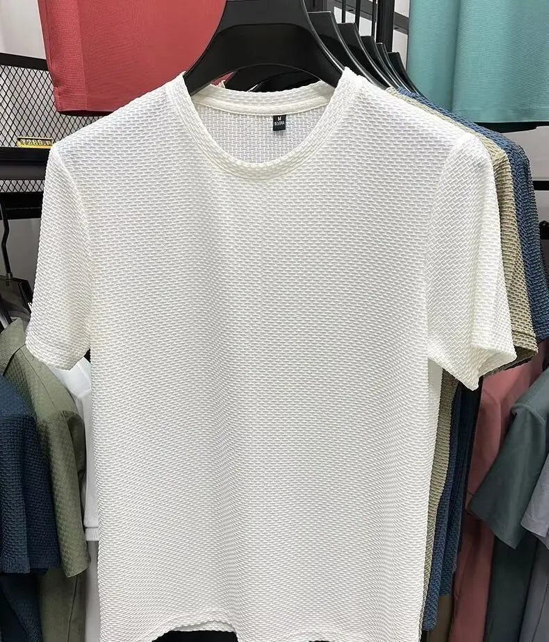 MINISO Bamboo Mesh Ice Silk T-shirt Men's Short sleeved Round Neck New T-sleeved Men's Bottom Shirt Summer Solid Color Men's Top