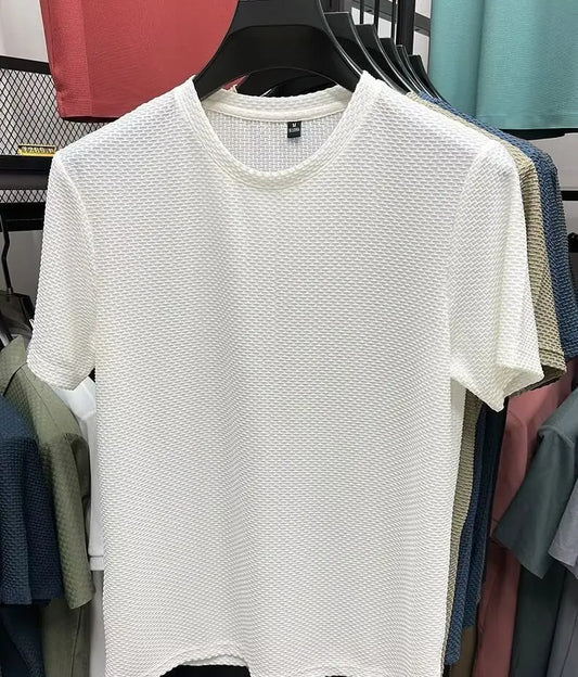 MINISO Bamboo Mesh Ice Silk T-shirt Men's Short sleeved Round Neck New T-sleeved Men's Bottom Shirt Summer Solid Color Men's Top