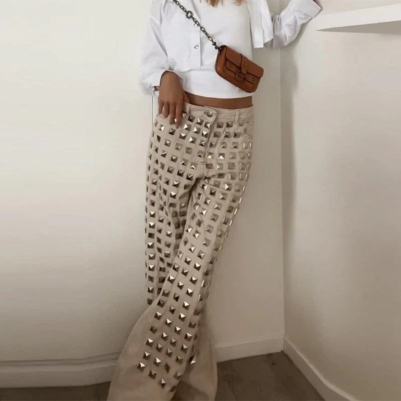 Casual Bead Jean Women Loose High Waisted Pockets Zipper All-match Straight Leg Trouser Female 2025 Y2k High Street Lady Outwear