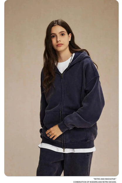 IEFB Men's Wear Wax Printing Vintage Male Hoodies Oversized Loose Zipper Water Washed Plush Sweatshirt Trendy New 9C9349