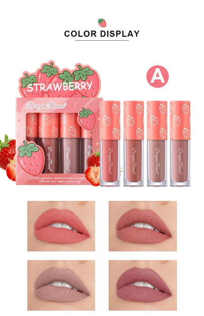 Mini Velvet Matte Lip Gloss Set, 4-Piece Non-Fading, Non-Stick Cup, Long-Lasting Fruit Scented Lip Tint, Smooth and Lightweight