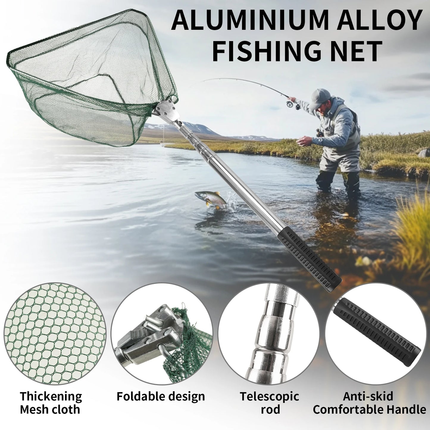 Fishing Landing Net Aluminum Alloy Durable Telescoping Extend to 190cm/130cm/55cm Folding Mesh Safe Fish Catching Releasing