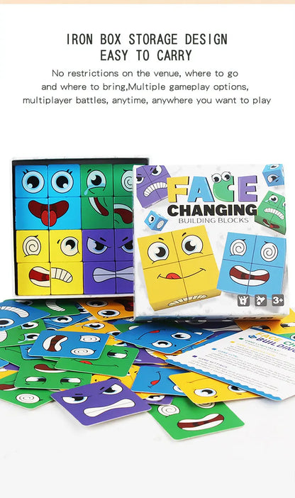 Kids Emotions Expression Game Wooden Cube Face Changing Board Cartoon Puzzle Toy Montessori Thinking Challenge Games