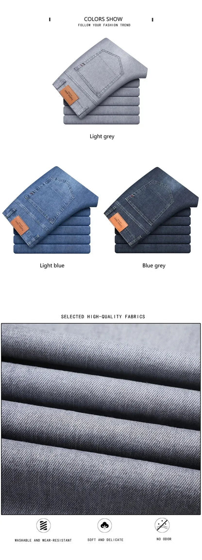 Summer Elastic Men's Jeans Fashion Gray Comfortable Business Straight Stretch Cotton Casual Denim Pants Brand Male Thin Trousers