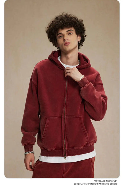 IEFB Men's Wear Wax Printing Vintage Male Hoodies Oversized Loose Zipper Water Washed Plush Sweatshirt Trendy New 9C9349