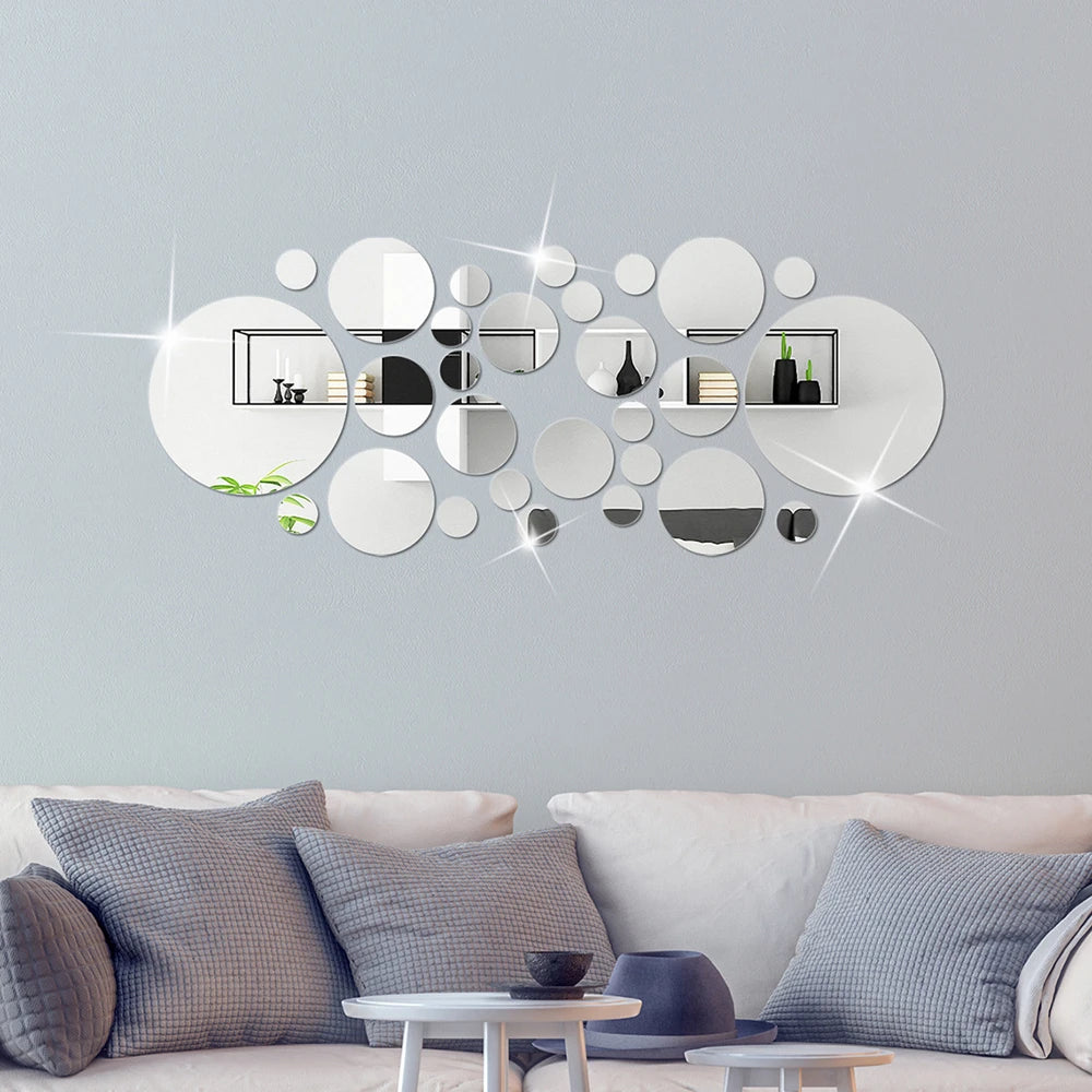 26PCs 3D Acrylic Mirror Wall Stickers Set round Adhesive Reflective Decorative Panel for Living Room Bedroom TV Background Decor