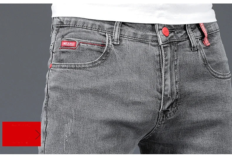 2024 New Men's Cotton Business Casual Skinny Jeans Trendy Fashionable Stretch Straight Slim Denim Trousers Male Blue Grey