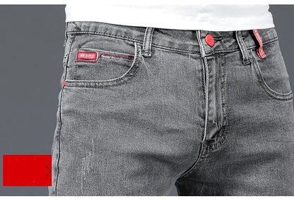 2024 New Men's Cotton Business Casual Skinny Jeans Trendy Fashionable Stretch Straight Slim Denim Trousers Male Blue Grey