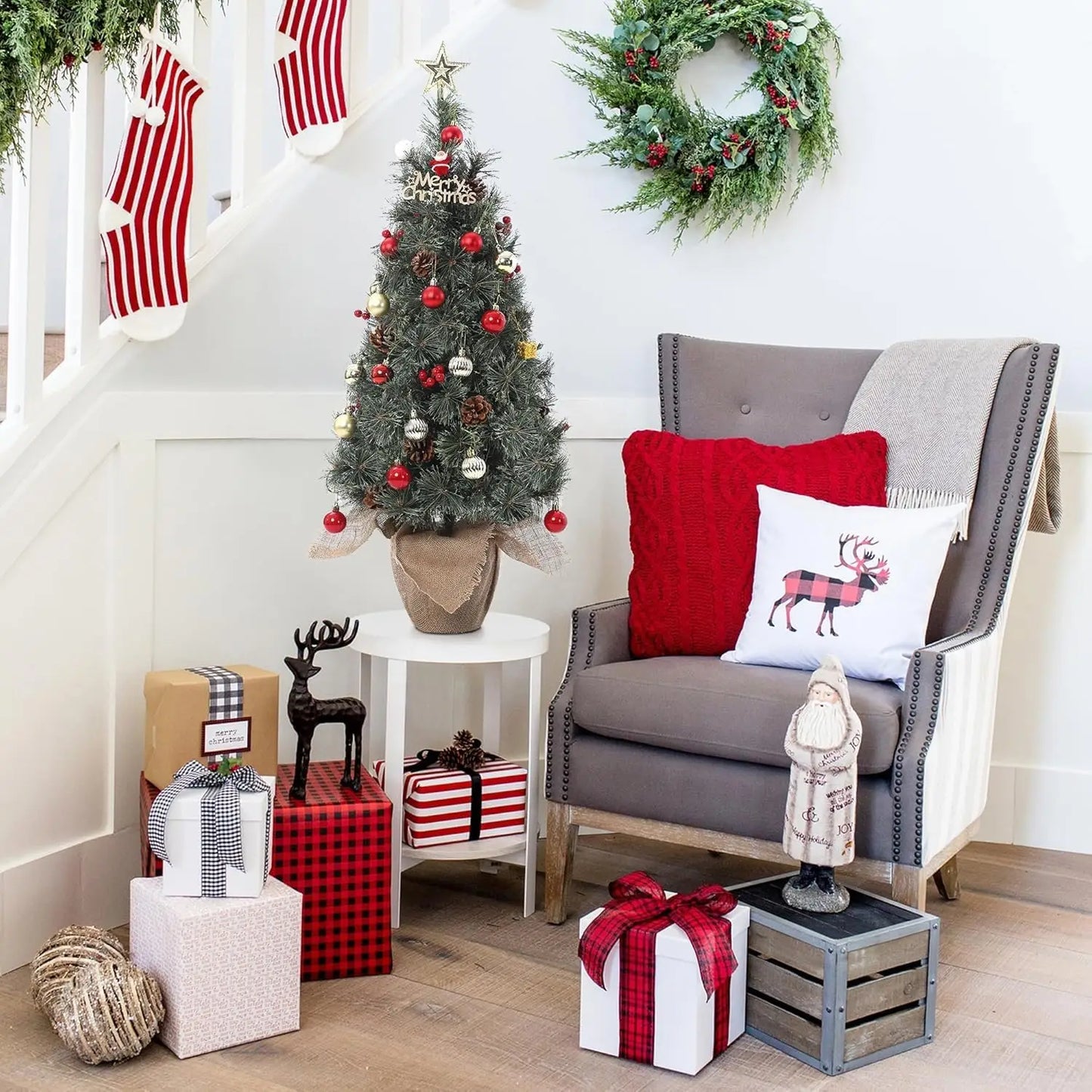 3 Ft Tabletop Prelit Christmas Tree, Small Lighted Xmas Tree with Burlap Base,Pine Cones,Red Berries,78 Led Lights