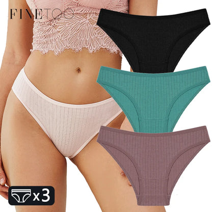 FINETOO 3PCS/SET Women's Cotton Panties Soft Striped Underpants Sexy Solid Color Briefs Female Comfortable Stretch Lingerie M-XL