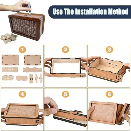 1 Pcs Wooden DIY Piggy Bank Reusable Handmade Money Box, Piggy Bank with Saving Goal and Numbers To Help The Habit of Saving