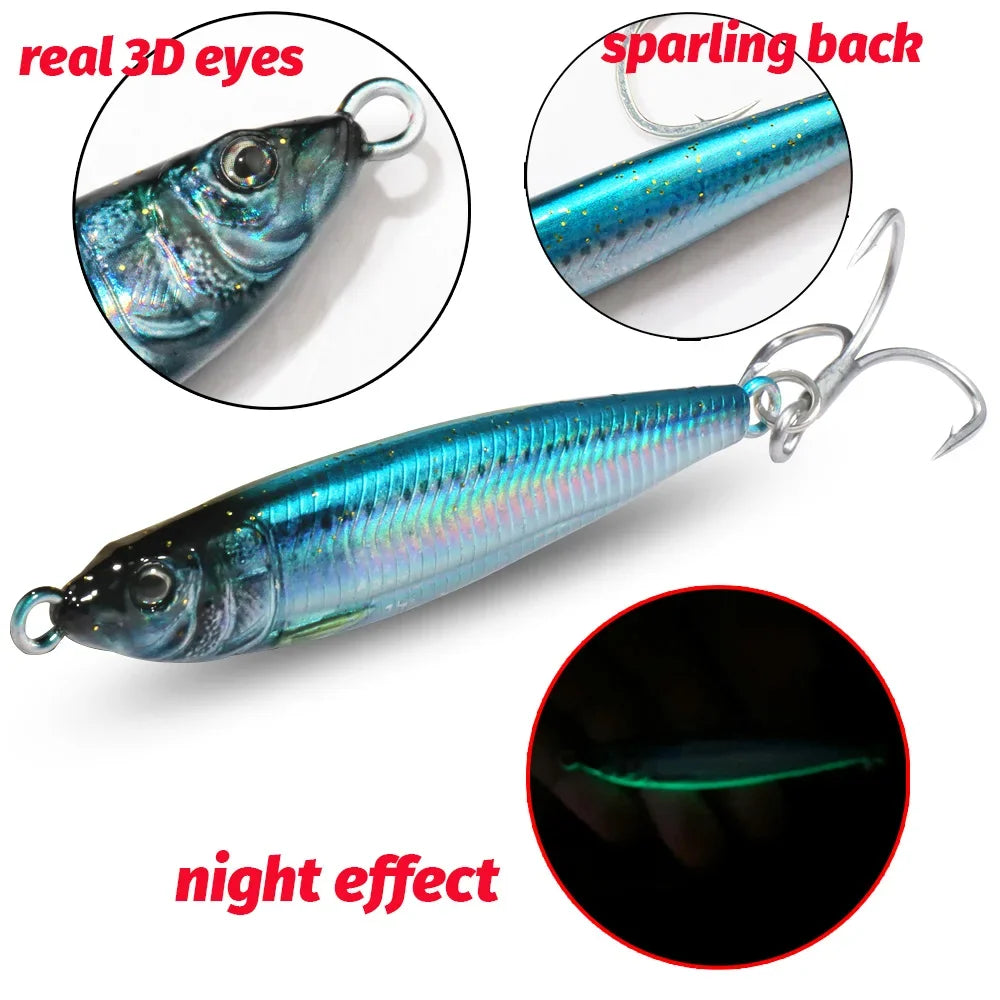 Metal Jig Bait 20g 30g 40g Spinner Sinking 3D Eye Color Laser Spinning Gear Luring Cast Fishing Tackle Blade Hook Pesca VIB Lure