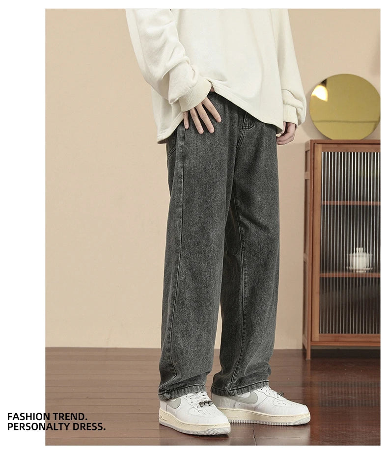 2023 New Korean Fashion Men's Casual Ankle-Length Jeans Classic Man Straight Denim Wide-leg Pants Light Blue Grey Black 3XL