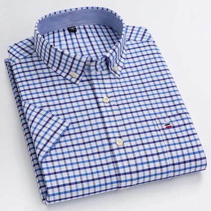 100% Pure Cotton Oxford Shirt For Men’s Short Sleeve Solid Stripe Leisure Embroidered Horse Social Business Formal Dress Shirts