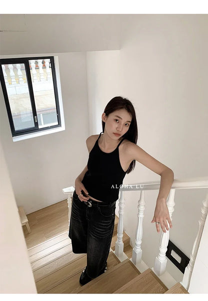 Harajuku Vintage High Waist Black Retro Washed Denim Shorts Women's Fashion Casual Loose Fit Y2K Streetwear Mid Long Short