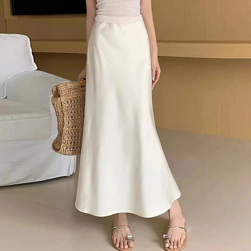 Women 2025 Satin Black Skirt Women High Waist Long Skirts for Women Summer White Midi Skirt Office Elegant Daily Skirts