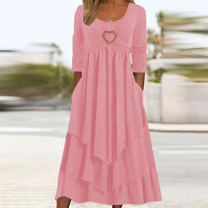 Elegant Office Women Patchwork Pockets Midi Dress Round Neck Basic Solid Long Sleeve Dress Lady Casual Summer Ruffles Club Dress