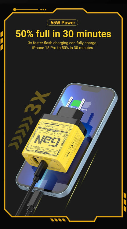 EU/US Plug PD65W GaN Fast Charger with Type-C and USB-A Interface Universal Dual Port Wall Charger Plug for Phones/Pads/Laptops