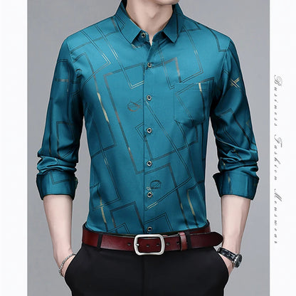 Men's Casual and Fashionable Long Sleeved Printed Shirt, Non Ironing and Wrinkle Resistant Business Top