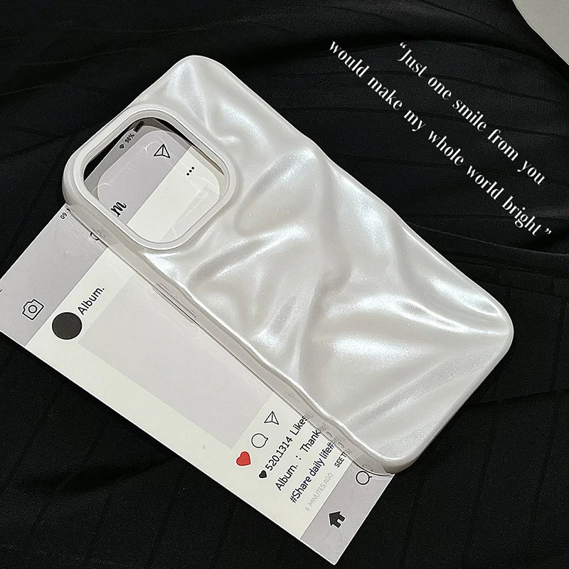 Pearl White Folds Texture Case For iPhone 16 13 14 11 12 Pro Max 15 Plus Stylish Glossy Soft TPU Phone Back Cover