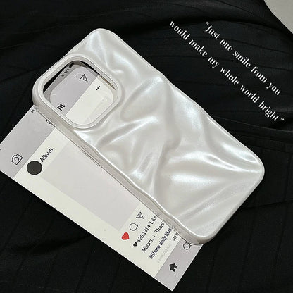 Pearl White Folds Texture Case For iPhone 16 13 14 11 12 Pro Max 15 Plus Stylish Glossy Soft TPU Phone Back Cover