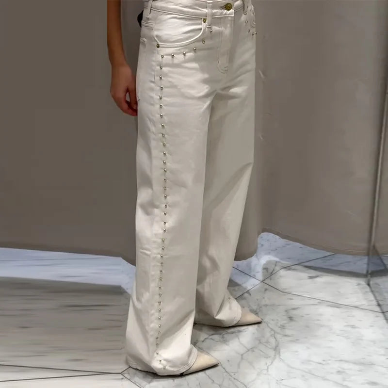 Casual Bead Jean Women Loose High Waisted Pockets Zipper All-match Straight Leg Trouser Female 2025 Y2k High Street Lady Outwear