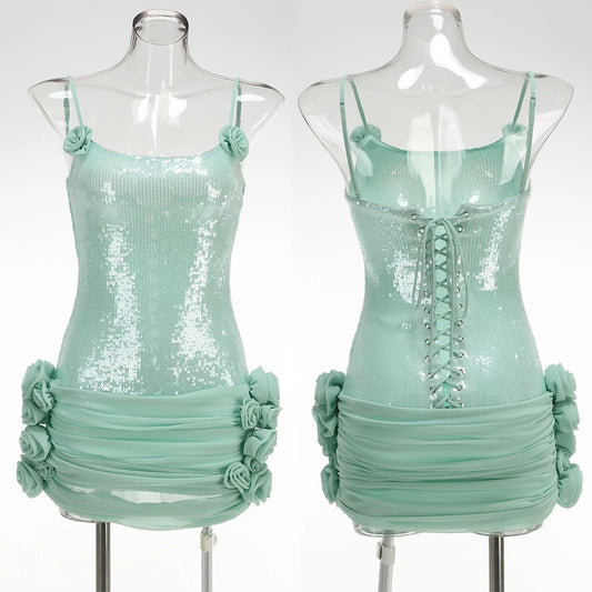 Sequin Sparkly Sexy Mini Dress Sleeveless Backless Tie Up Flower Ruched Prom Dresses Cocktail Evening Gown Wedding Guest Dress