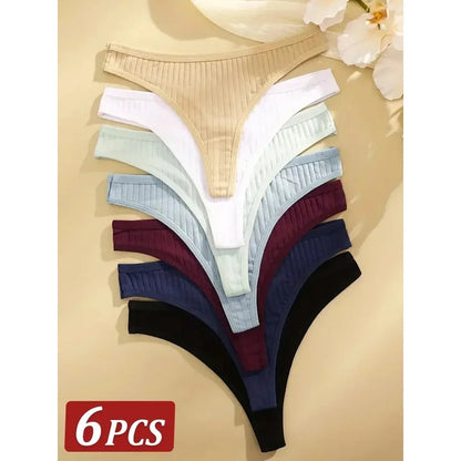 6Pcs/Set Women Cotton Thongs Panties Female Ribbed Low Rise G-String Ladies Sexy Bikini 7 Solid Color Girl Soft S-XL Intimates