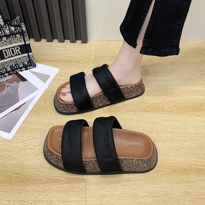 Women's Shoes Alphabet Fashion Casual Slippers 2022 New Summer Thick Bottom Non-slip Medium Heel Sandals for Outer Wear