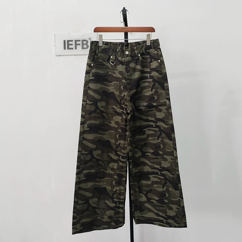IEFB Vintage Camouflage Men's Jeans Fashion Washed Casual Wide Leg Denim Pants Autumn Winter Loose Male Trousers Old Blue 9C354