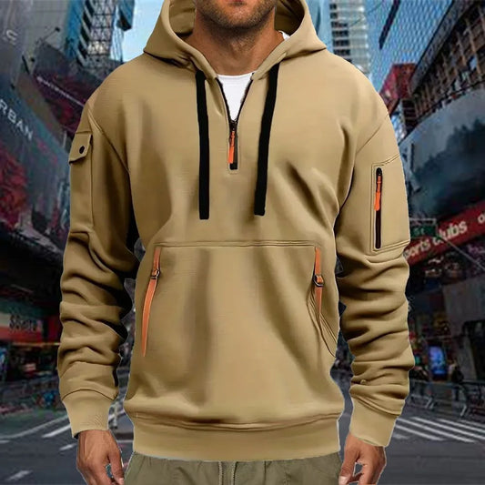 Men's Casual Sports Hoodie Spring Autumn Fashion Solid Color Long-Sleeved Pullover with Arm Pocket And Pull Rope plus Size