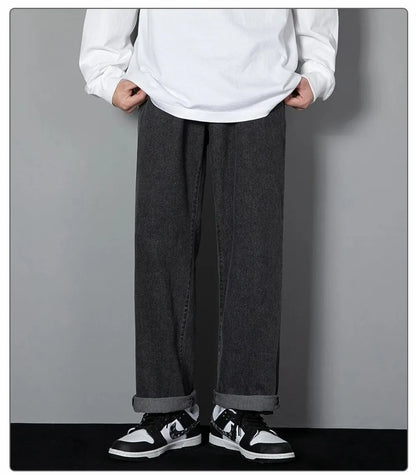Korean Solid Colors Men's Casual Long Jeans Classic Man Four Seasons Straight Denim Wide-leg Pants Light Blue Grey Black 3XL