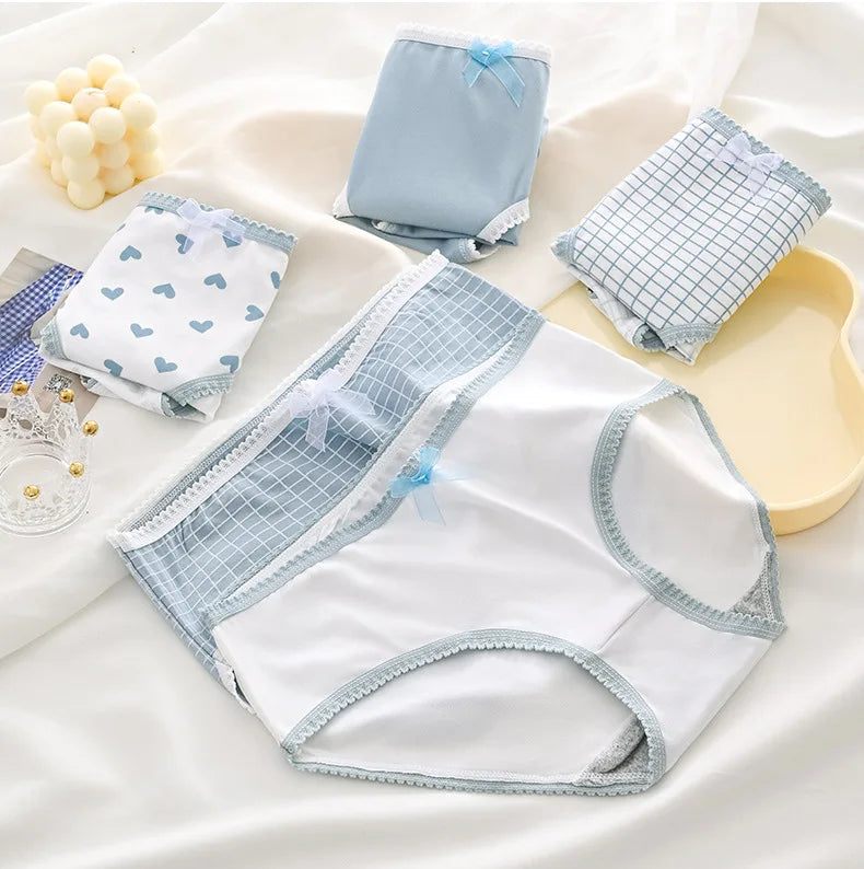 5pcs Women’s Cotton Panties Underwear Briefs Set Cute Bow Heart Plaid Print Soft Breathable Comfy Intimates Lingerie