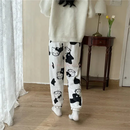 2024 Sanrio Hello Kitty Pajamas Halloween Flannel Fashion Trouserswomen Kawaii Woolen Anime Cartoon Casual Home Pants Autumn