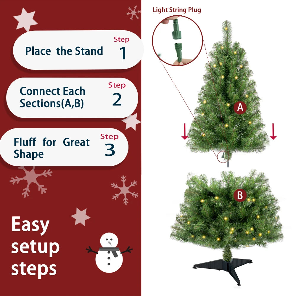 4ft Prelit Christmas Tree, 100 Warm White LEDs, 241 PVC Tips, Norwood Spruce, Easy Indoor Assembly, Stand.