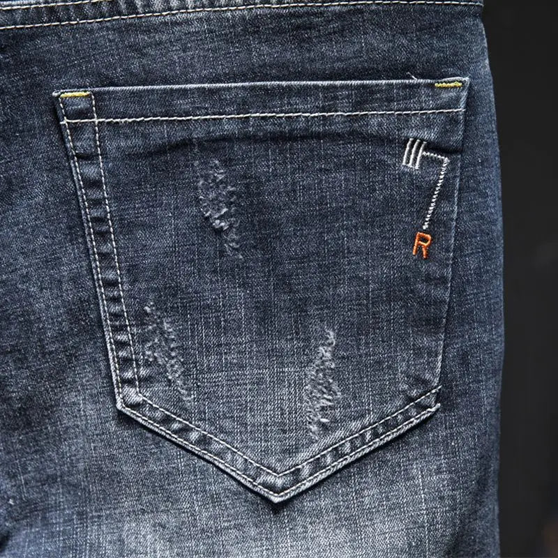 American Elastic Straight Jeans Men Ripped Worn-out Slim-fit Cotton Denim Pants Korean Style Fashion Blue Black Men's Clothing