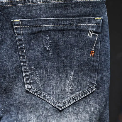 American Elastic Straight Jeans Men Ripped Worn-out Slim-fit Cotton Denim Pants Korean Style Fashion Blue Black Men's Clothing
