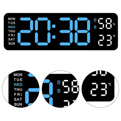 9 Inch Large Digital Wall Clock USB Powered TEMP Humidity Week Auto Dimmer DST Table Clock 12/24H Electronic LED Alarm Clock