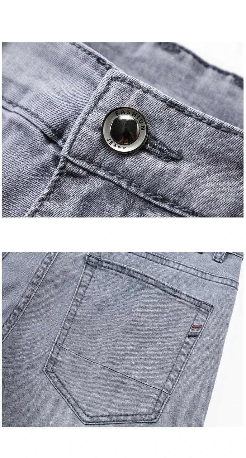 Summer Elastic Men's Jeans Fashion Gray Comfortable Business Straight Stretch Cotton Casual Denim Pants Brand Male Thin Trousers
