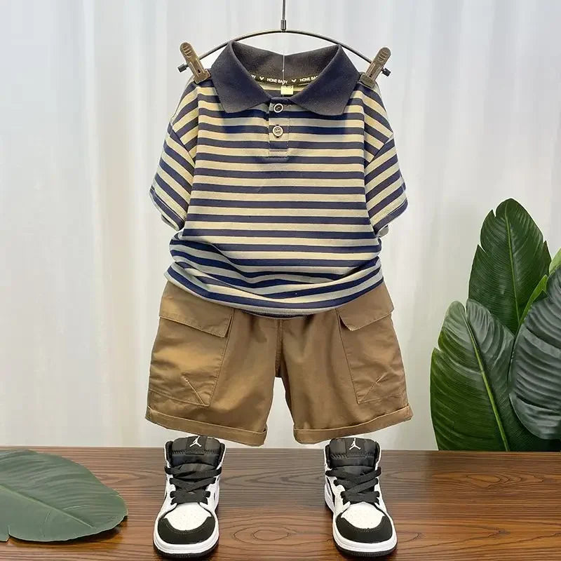 Korean Children's Clothes 2025 Summer Kids Clothes Boys Outfits Baby Thin Short Sleeves Stripe Polo Shirt +Shorts Two Pieces Set