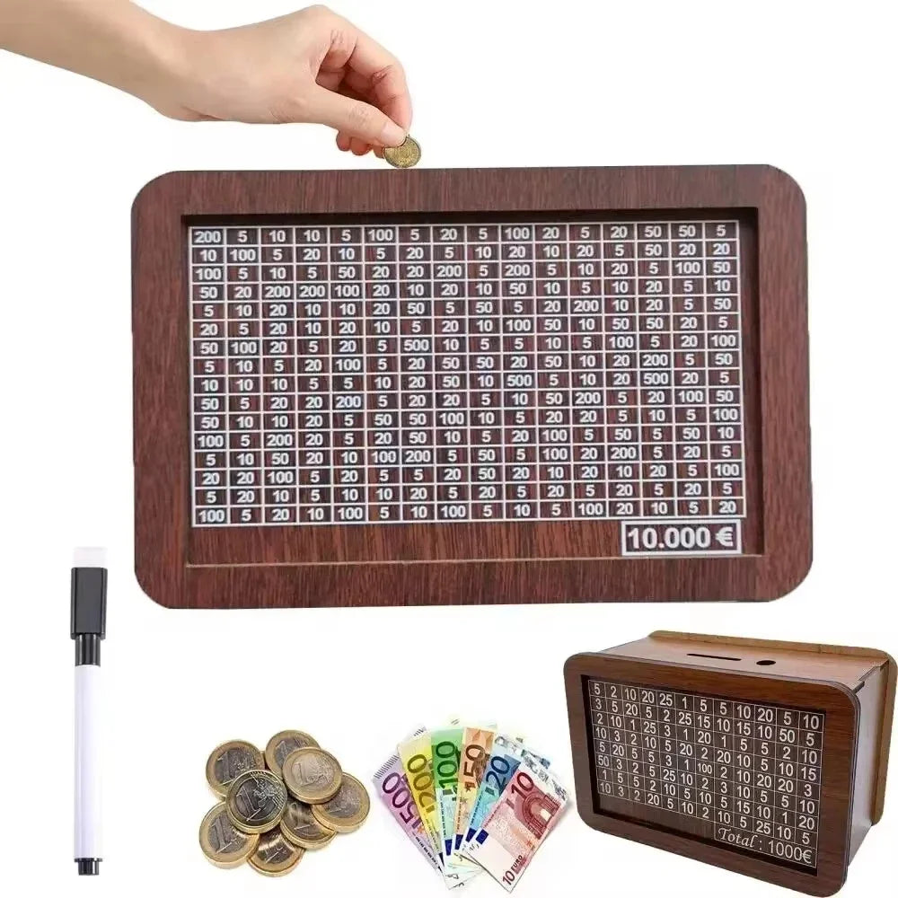 1 Pcs Wooden DIY Piggy Bank Reusable Handmade Money Box, Piggy Bank with Saving Goal and Numbers To Help The Habit of Saving