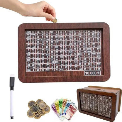 1 Pcs Wooden DIY Piggy Bank Reusable Handmade Money Box, Piggy Bank with Saving Goal and Numbers To Help The Habit of Saving